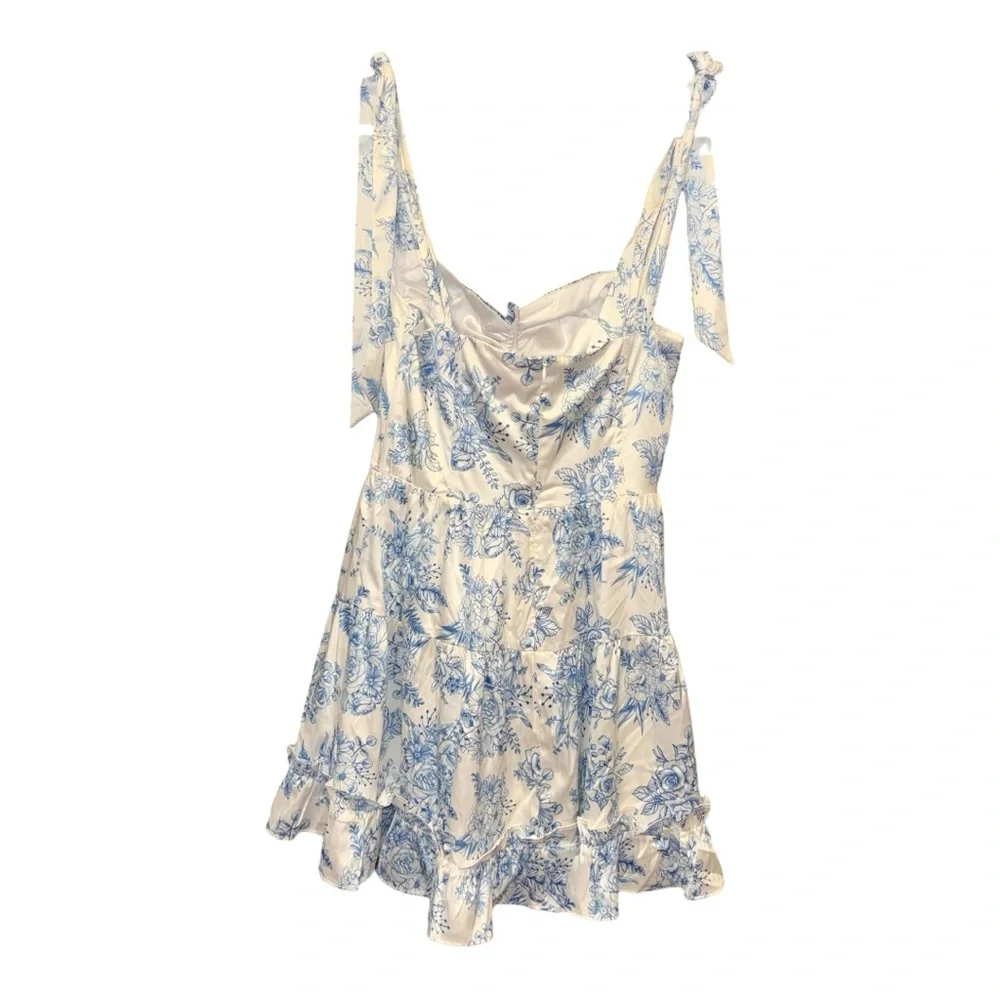 Sugar Thrillz Blue Toile Floral Tie-Strap Mini Dress Size M ARK - Picture 3 of 4